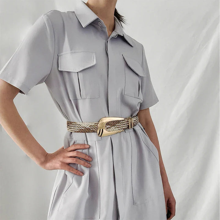 Woven Stretch Belt, Hooked Gold Buckle