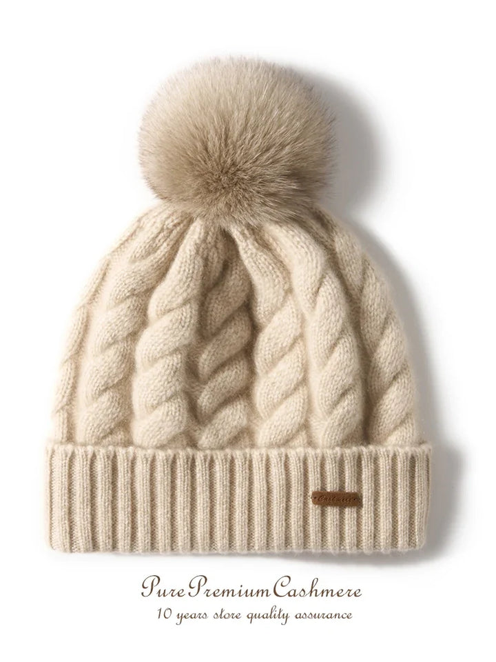 Hand-Knit Cashmere Beanie, Fur Pom