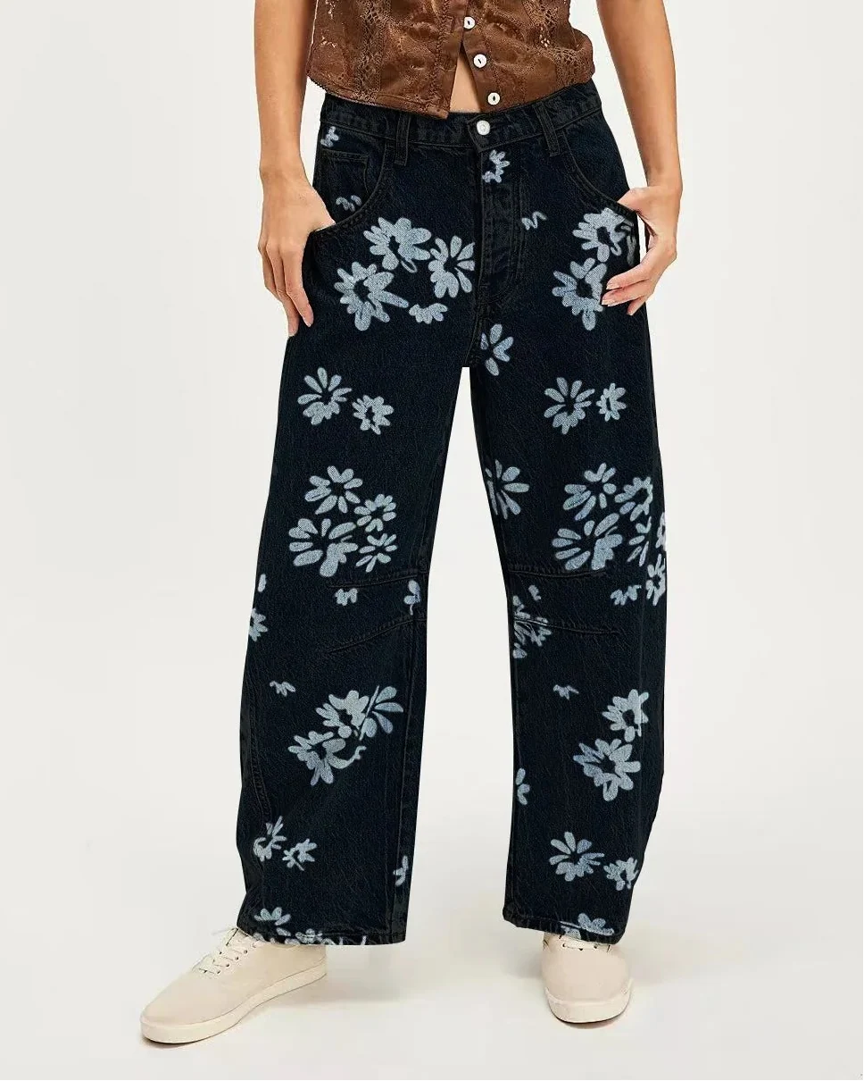 Celine | Printed Cotton Denim Wide Leg Jeans