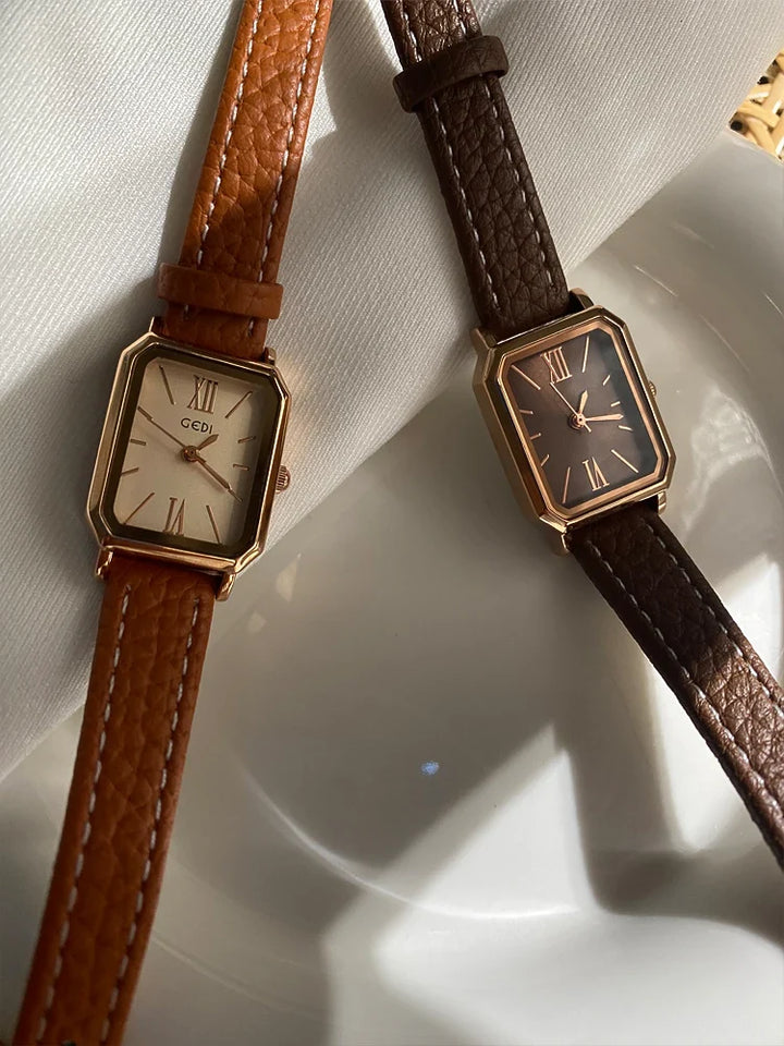 Rectangular Steel Watch, Leather Strap