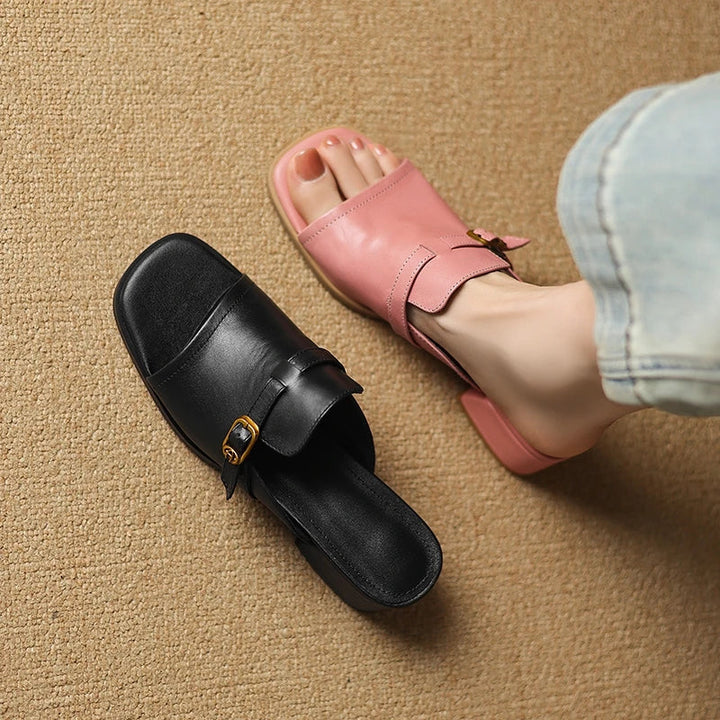 Gerardine | Leather Buckle Mid Heel Slides