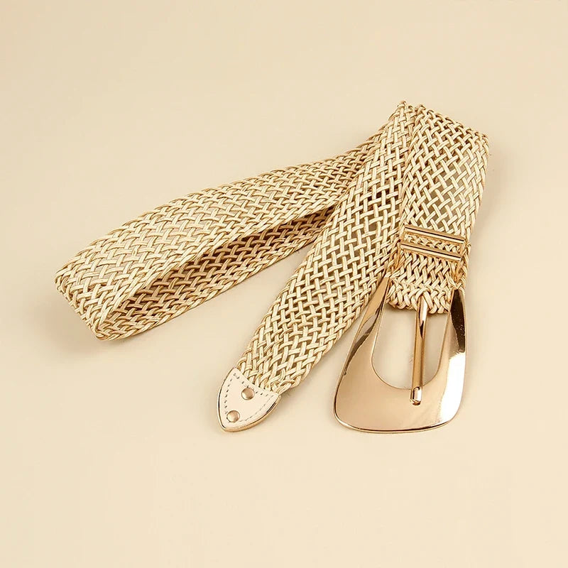 Woven Stretch Belt, Hooked Gold Buckle