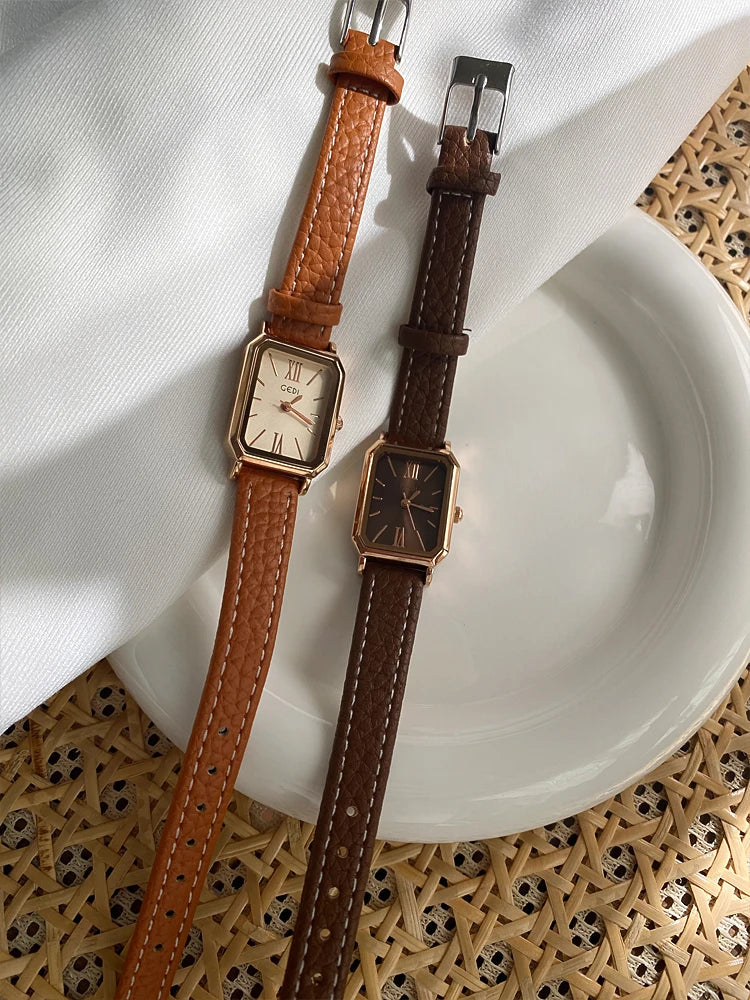 Rectangular Steel Watch, Leather Strap