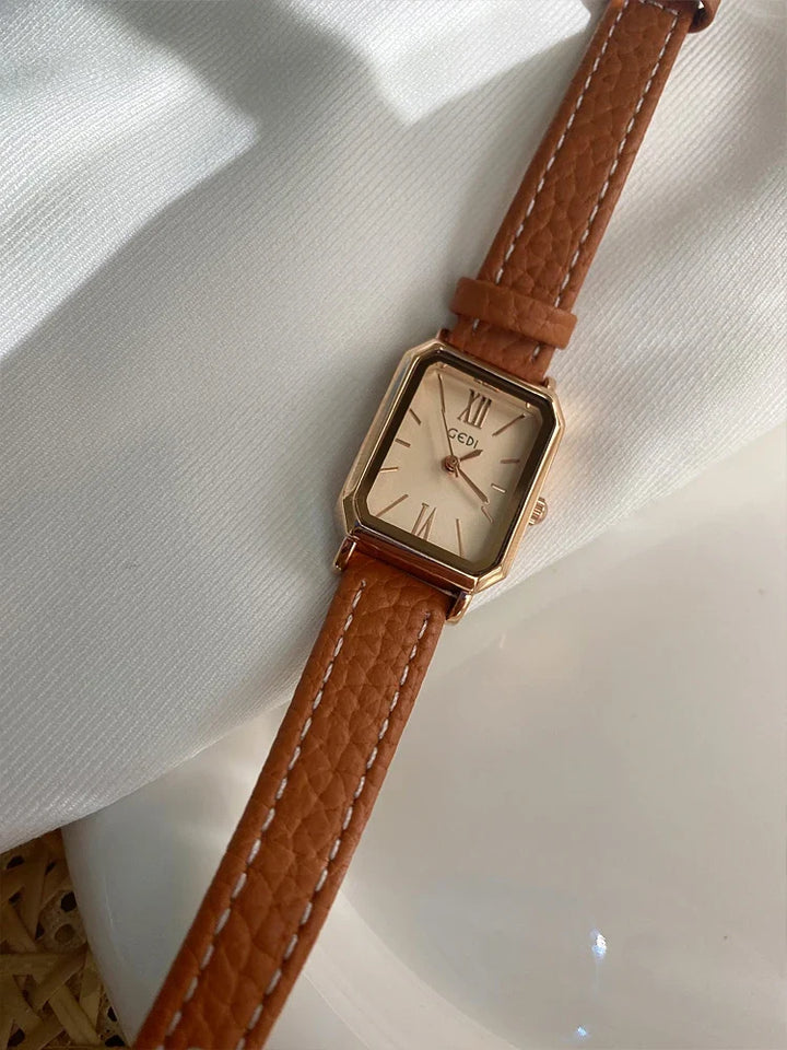 Rectangular Steel Watch, Leather Strap