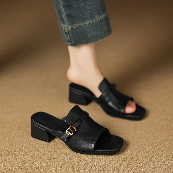 Gerardine | Leather Buckle Mid Heel Slides