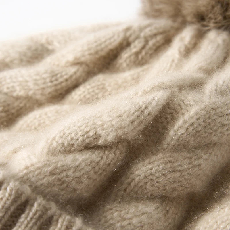 Hand-Knit Cashmere Beanie, Fur Pom