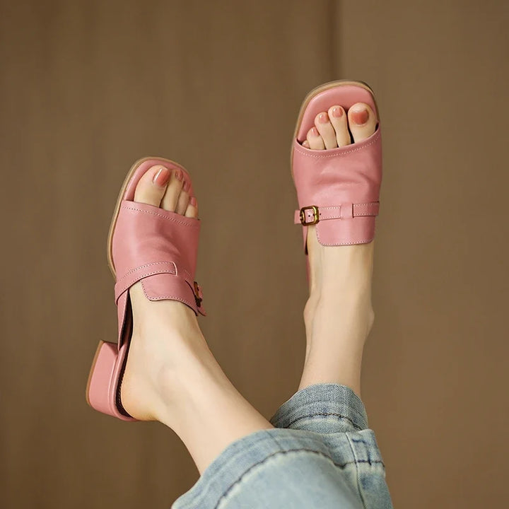 Gerardine | Leather Buckle Mid Heel Slides