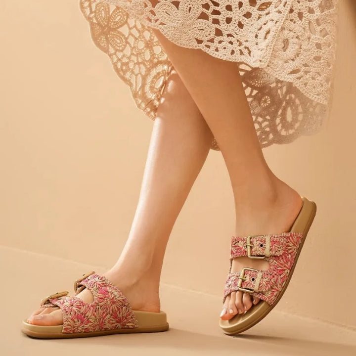 Sally | Woven Raffia Double Buckle Slides