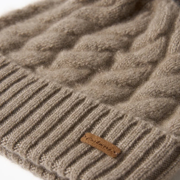Hand-Knit Cashmere Beanie, Fur Pom