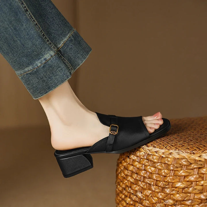 Gerardine | Leather Buckle Mid Heel Slides