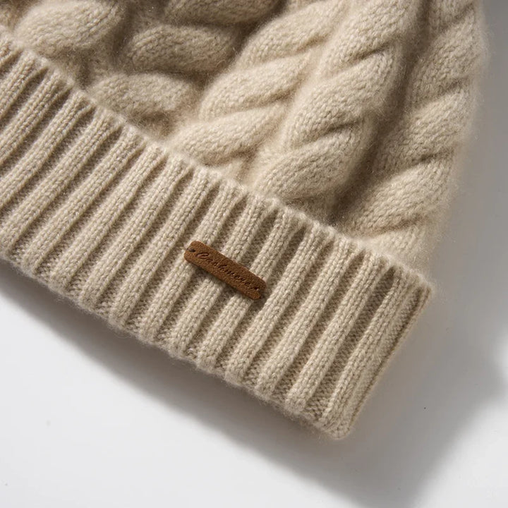 Hand-Knit Cashmere Beanie, Fur Pom