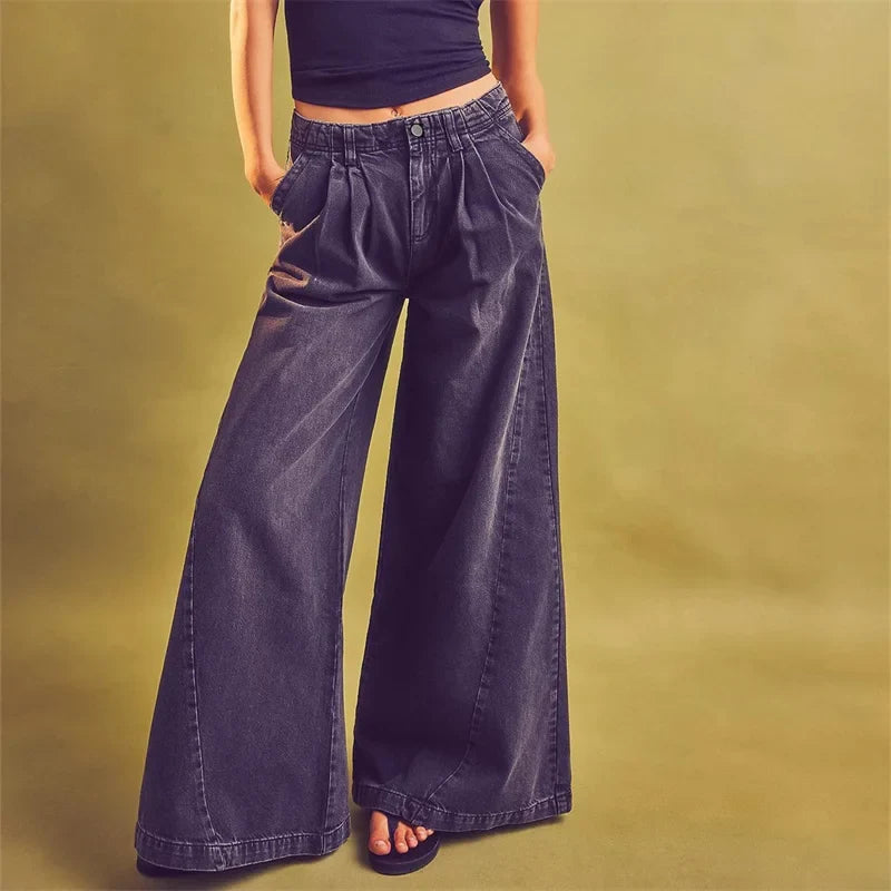Tharsile | Pleated 100% Cotton Wide Jeans