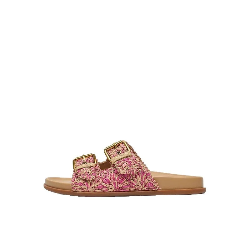 Sally | Woven Raffia Double Buckle Slides