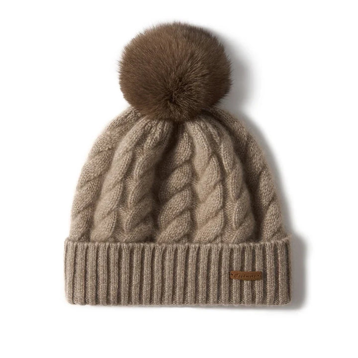Hand-Knit Cashmere Beanie, Fur Pom