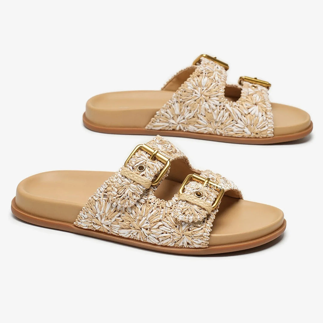Sally | Woven Raffia Double Buckle Slides