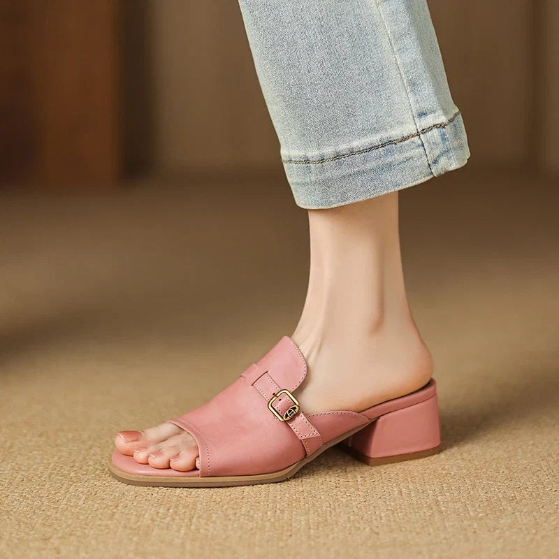 Gerardine | Leather Buckle Mid Heel Slides
