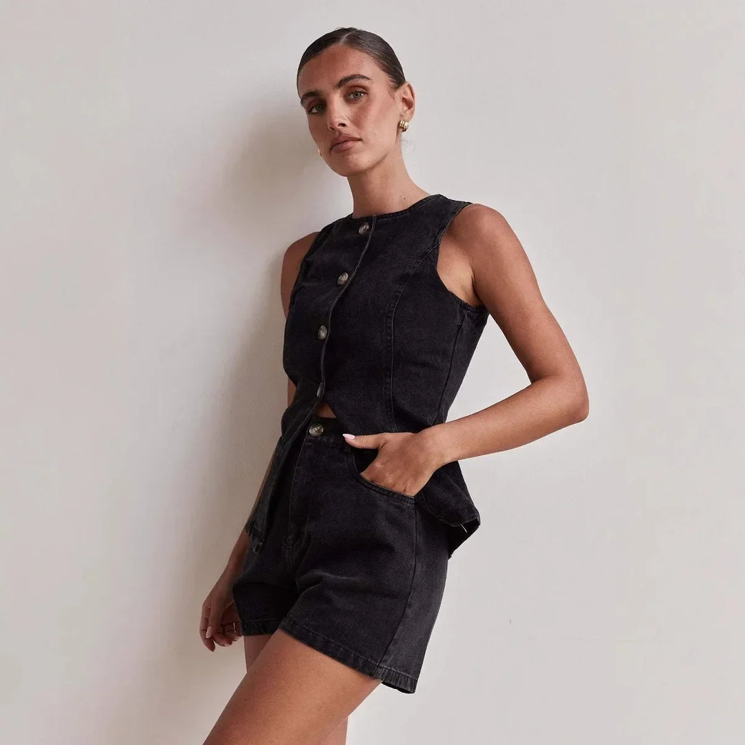Desiree | 100% Cotton Denim Vest Set