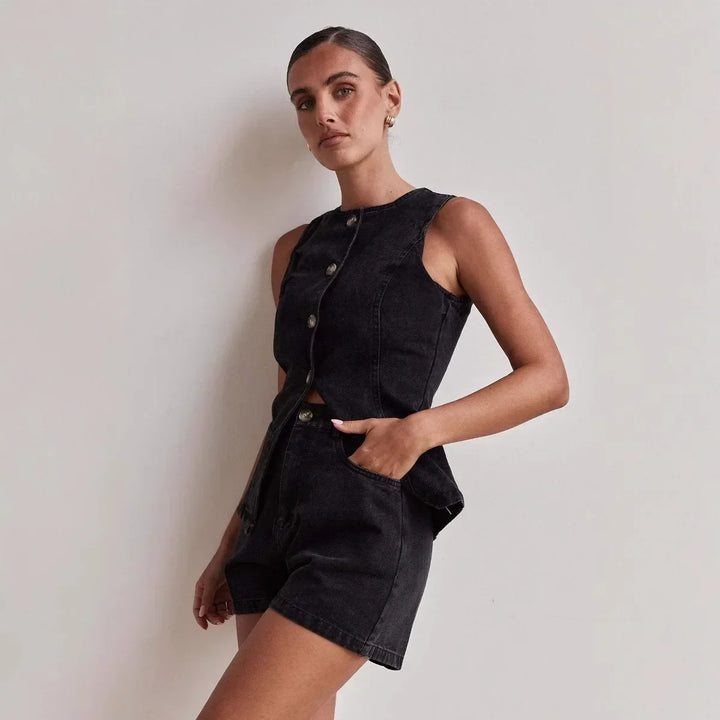 Desiree | 100% Cotton Denim Vest Set