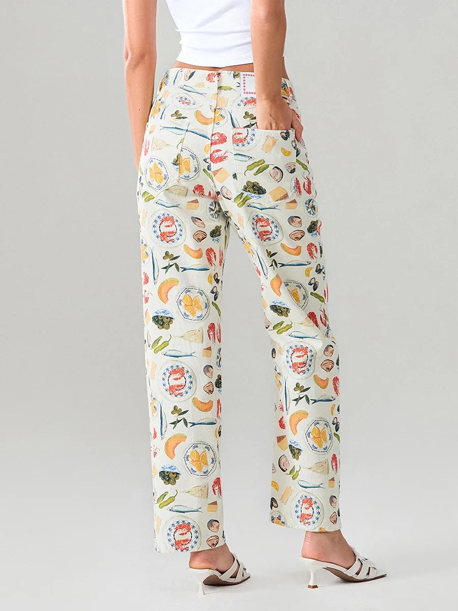 Marcelina | Printed Denim Straight Leg Jeans