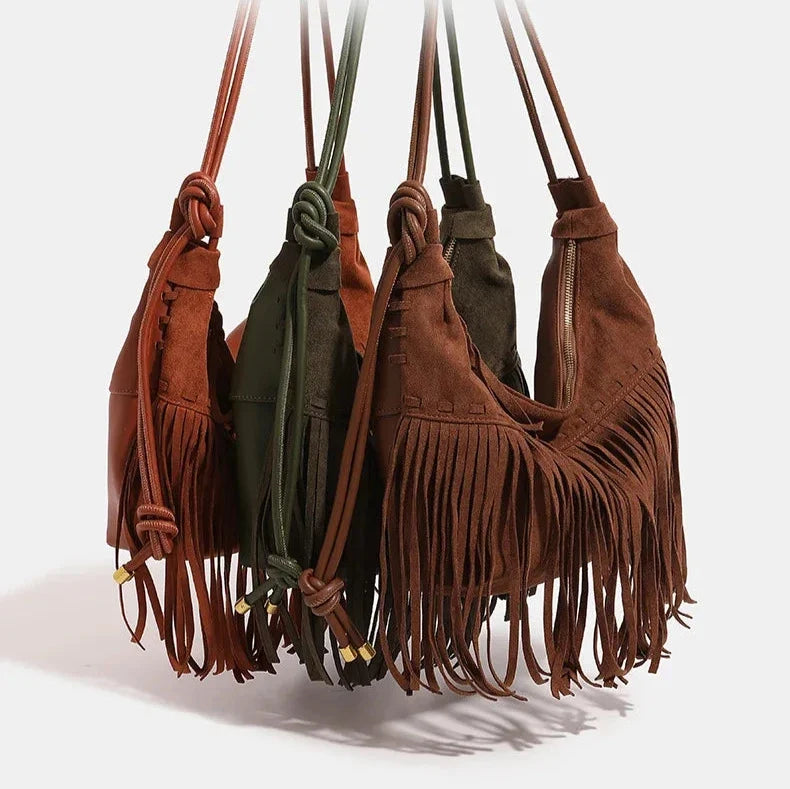 Suede Fringe Bag, Leather Seams