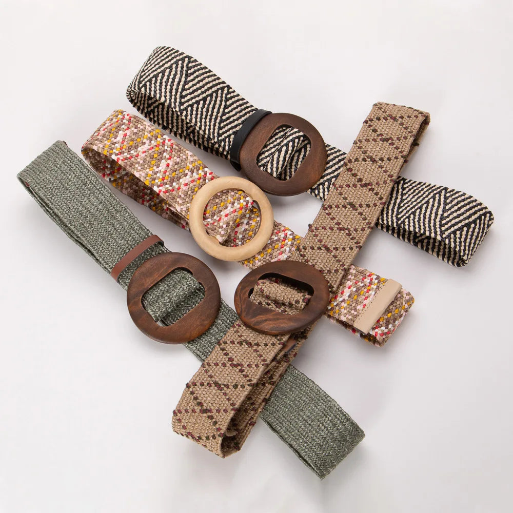 Woven Straw Belt, Wood Ring Buckle
