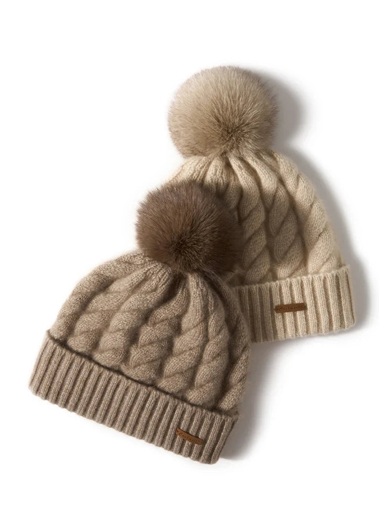Hand-Knit Cashmere Beanie, Fur Pom