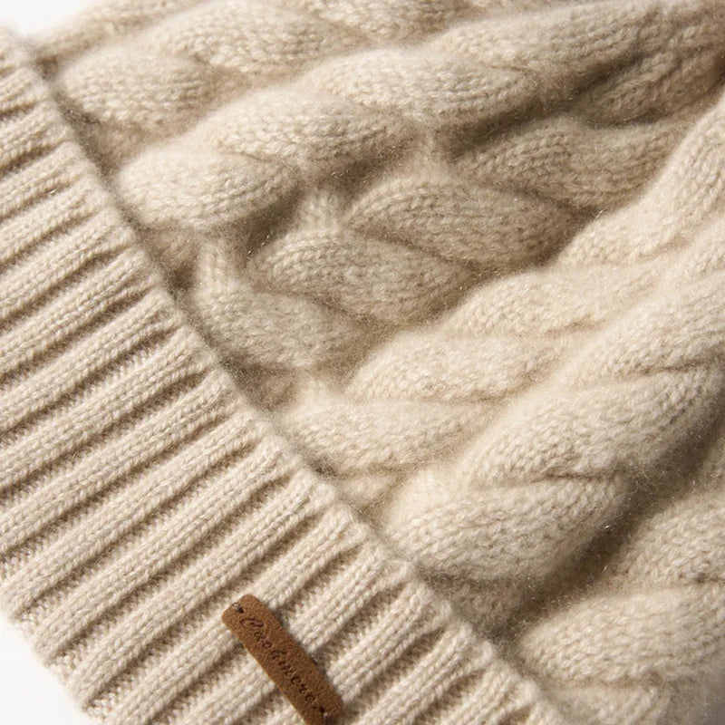 Hand-Knit Cashmere Beanie, Fur Pom