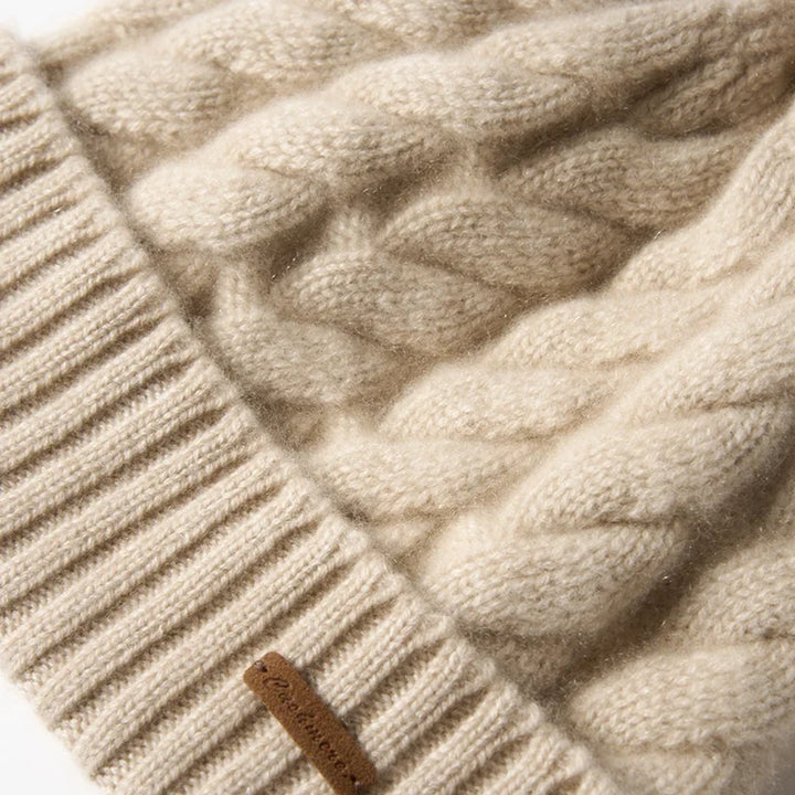 Hand-Knit Cashmere Beanie, Fur Pom