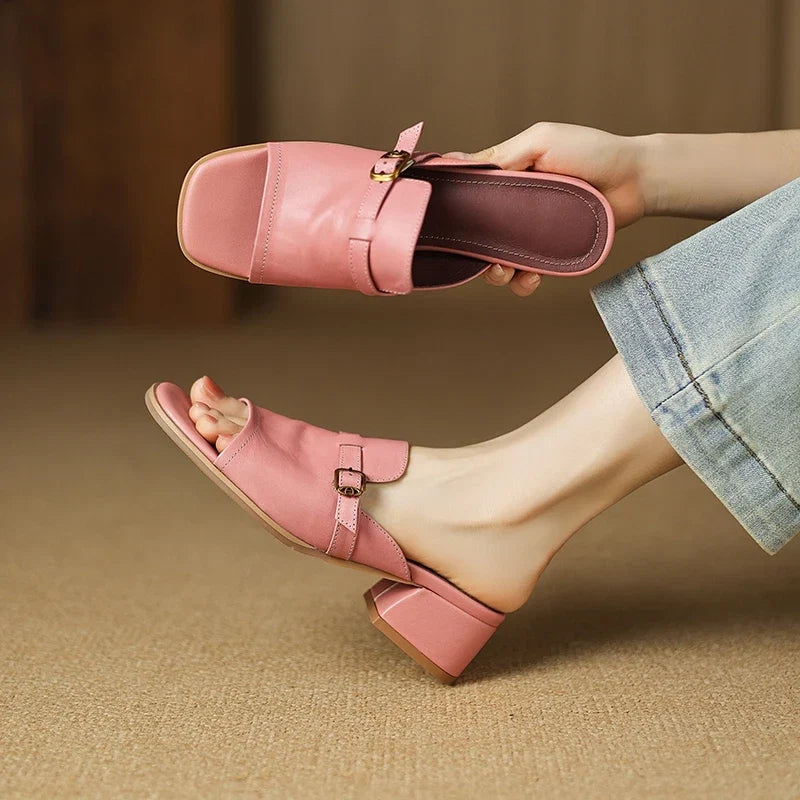 Gerardine | Leather Buckle Mid Heel Slides