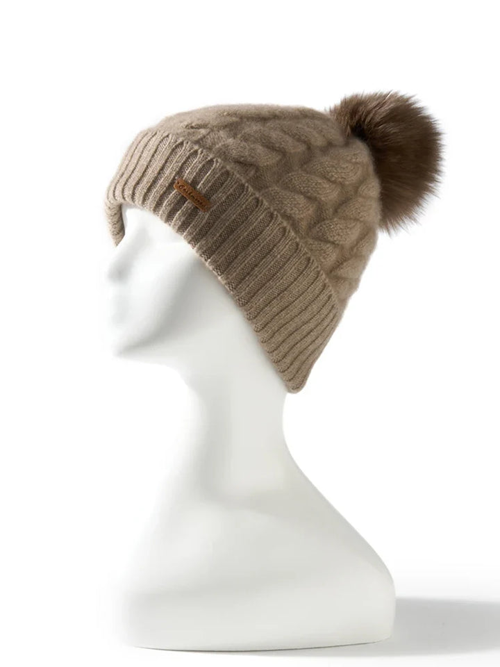 Hand-Knit Cashmere Beanie, Fur Pom