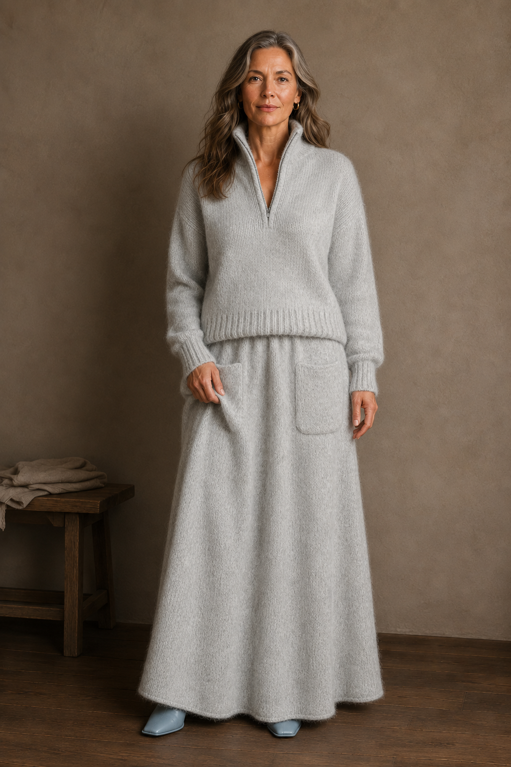 Angela | Brushed Knit Sweater and Skirt - Light Grey