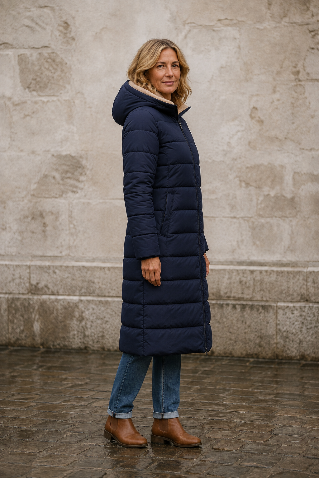 Augustine | Insulated Coat, Past the Knee - Navy Blue