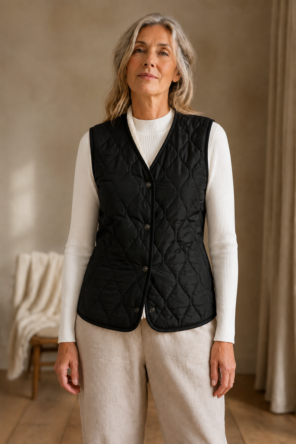 Azilda Black quilted thermal vest front hero