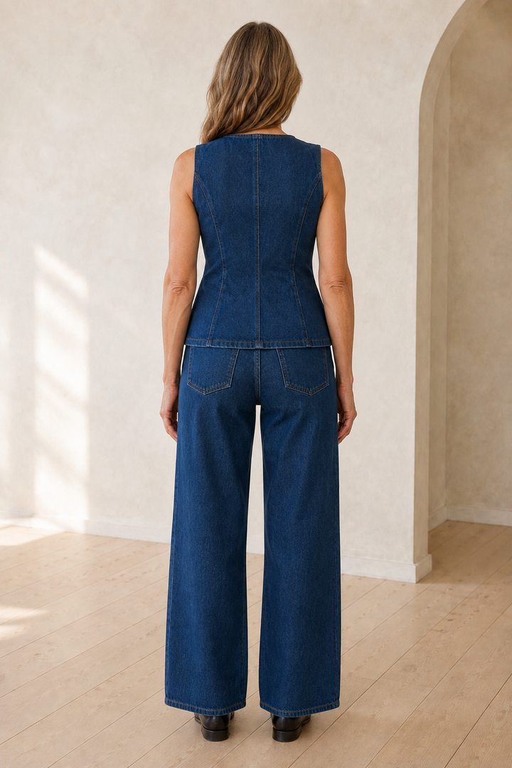 Cotton Denim Vest And Shorts Set back view