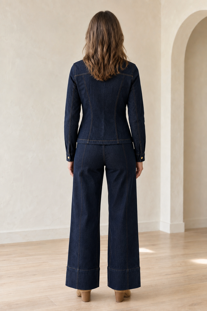 Button Front Denim Blazer And Trouser Set back view
