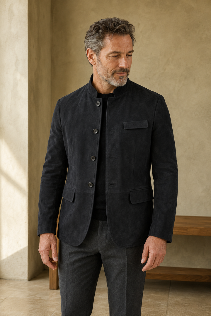 Black suede band-collar blazer color hero