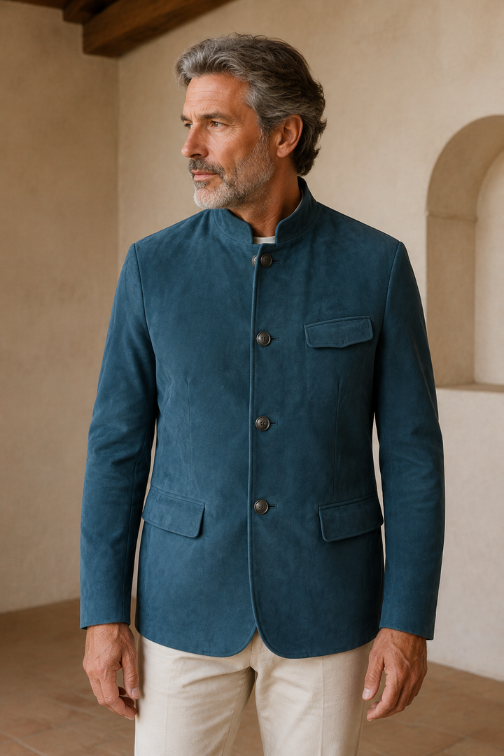 Blue suede band-collar blazer color hero