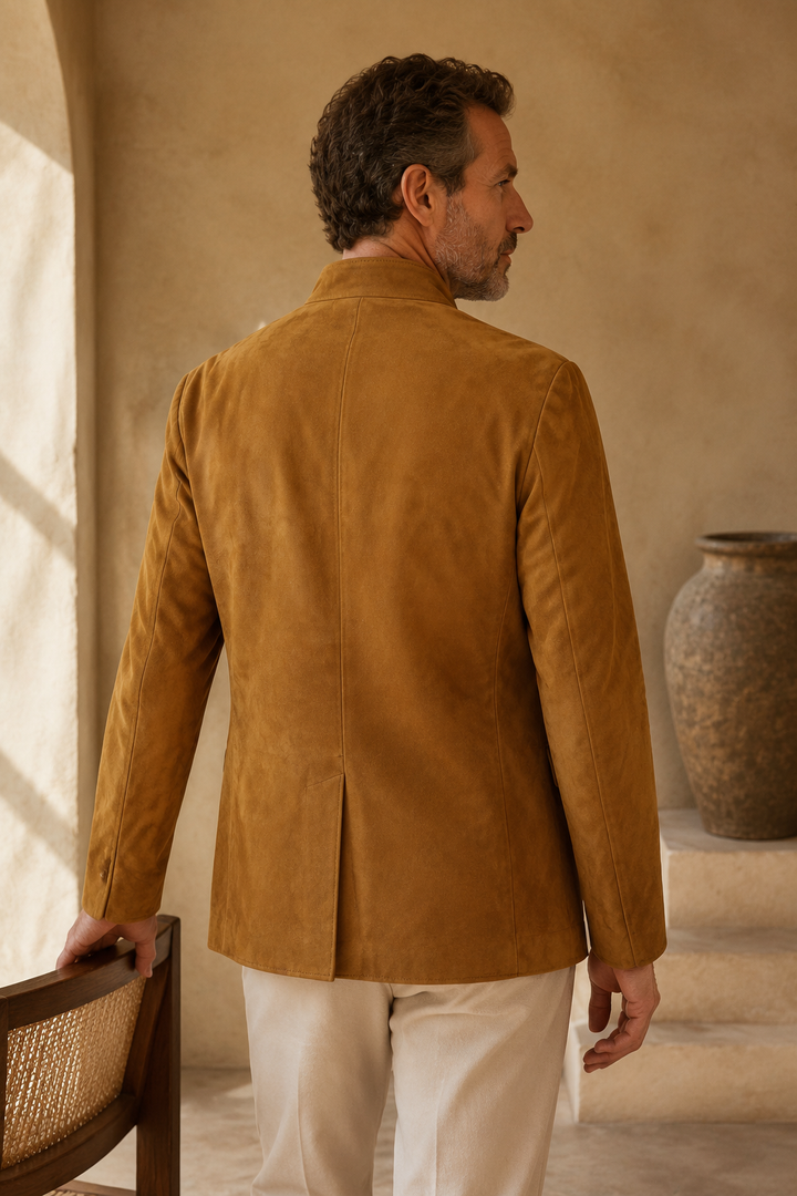 Khaki suede band-collar blazer back view