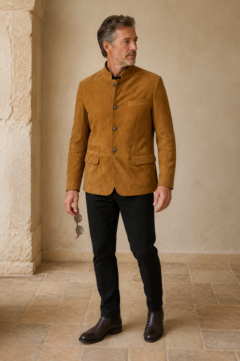 Khaki suede band-collar blazer full-length front
