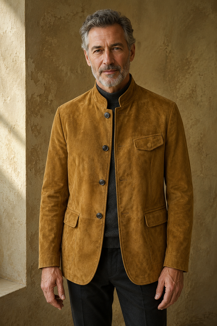 Khaki suede band-collar blazer hero, direct camera gaze