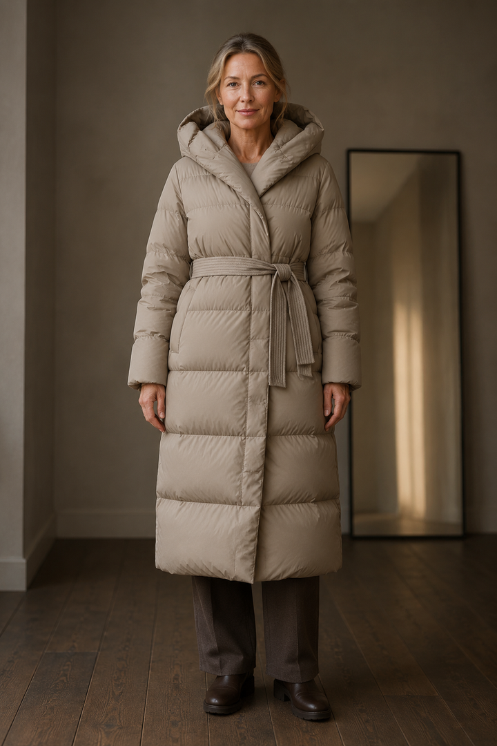 Belted longline down puffer coat closed
