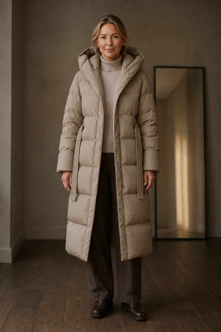 Belted longline down puffer coat open