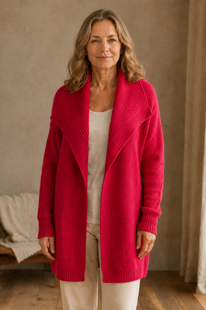 Brenda | Color Block Knit Cardigan - Candy Red
