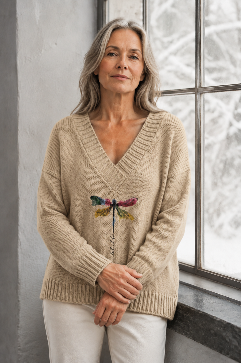 Brooklyn | Dragonfly Print V-Neck Sweater - Khaki