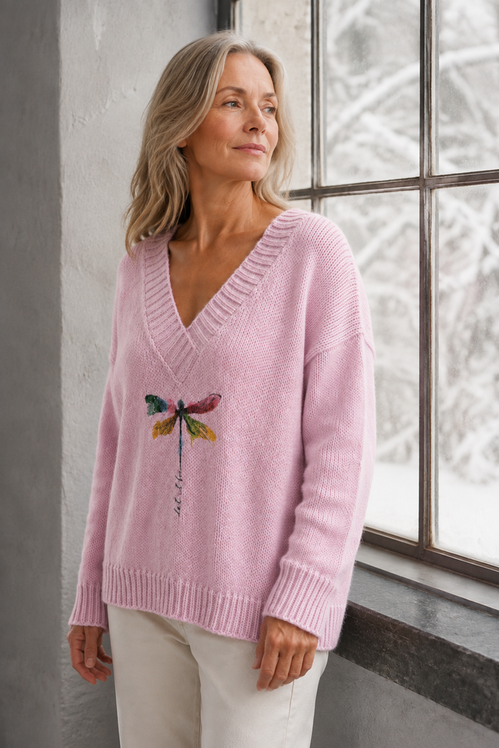 Brooklyn | Dragonfly Print V-Neck Sweater - Pink