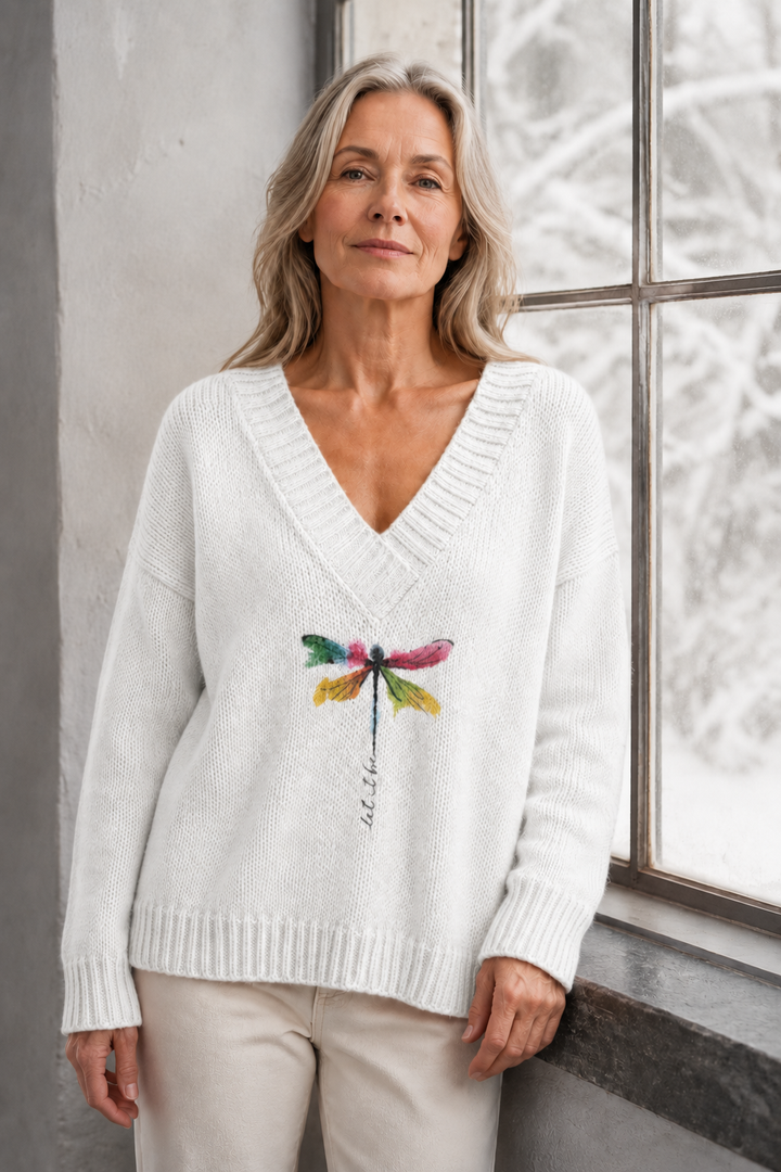 Brooklyn | Dragonfly Print V-Neck Sweater - White