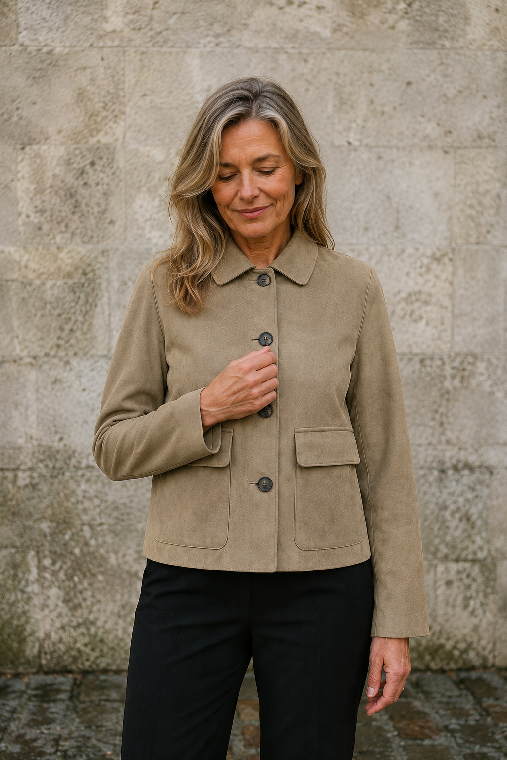 Brushed Cropped Single Breasted Jacket - Khaki