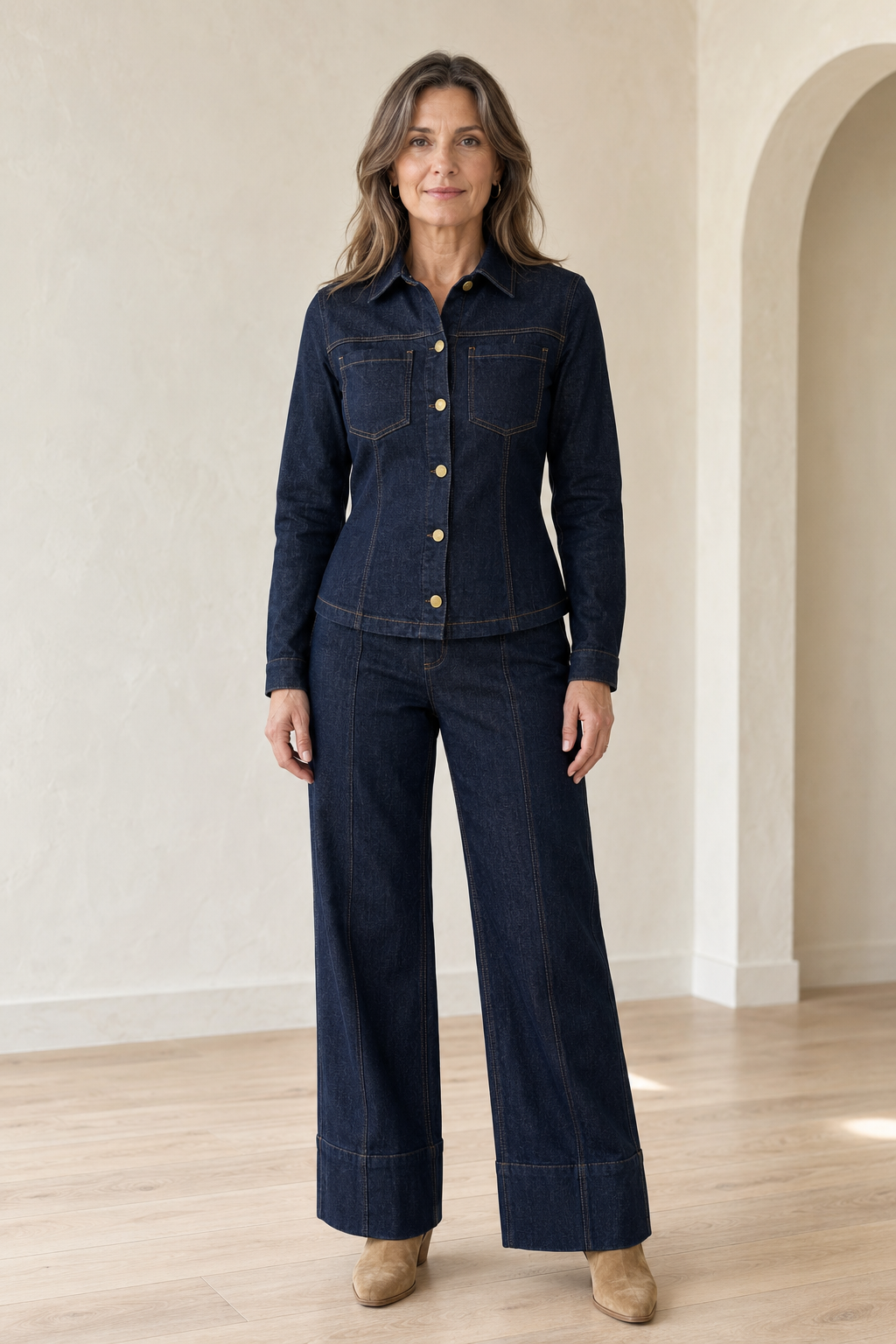 Full-length editorial image of Button Front Denim Blazer And Trouser Set