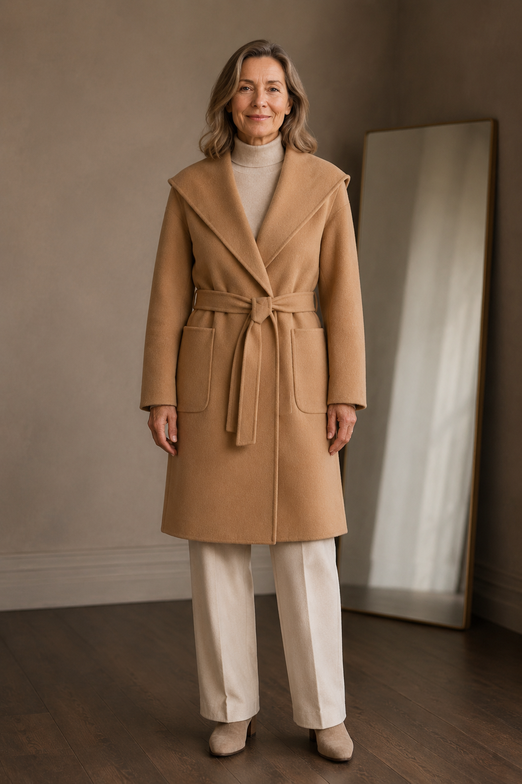 Camel-hair long pointed coat closed