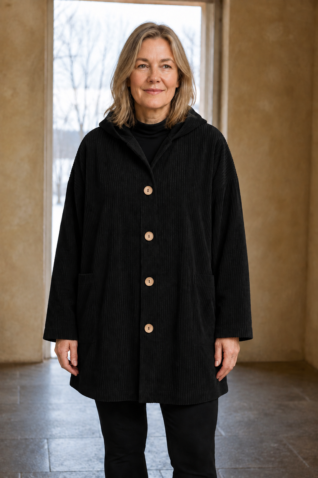 Camilla | Ribbed Corduroy Hooded Jacket - Black